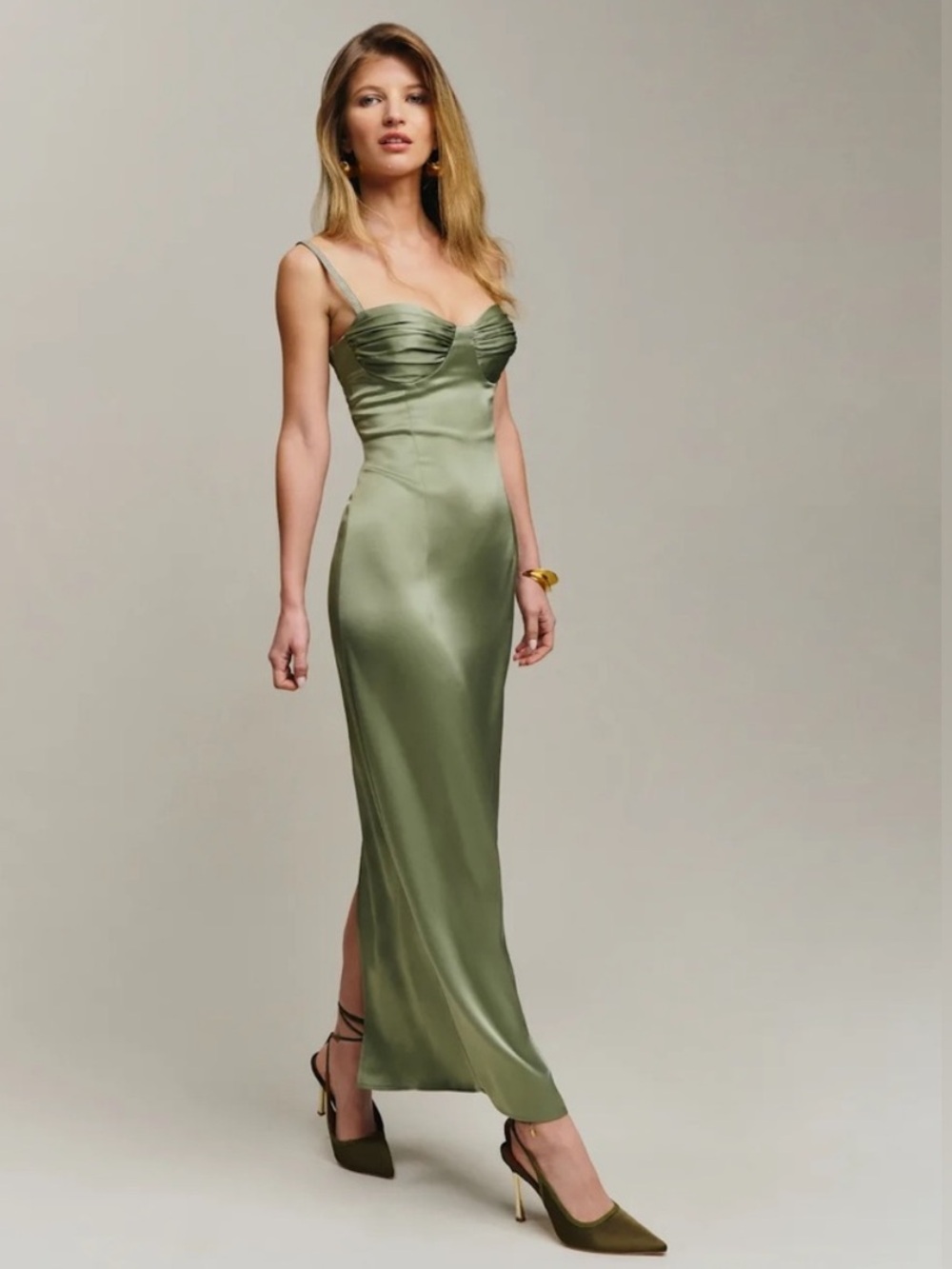 NWT Reformation Stormi Silk Dress Olive Green Size 6